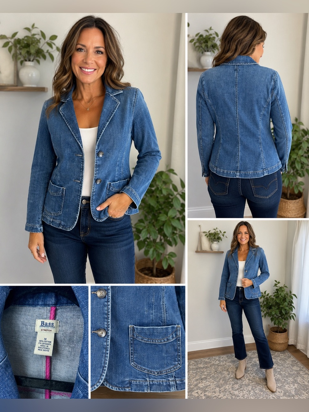 Bass Women’s Medium Stretch Denim Blazer Jacket Blue Two Button Patch Pockets